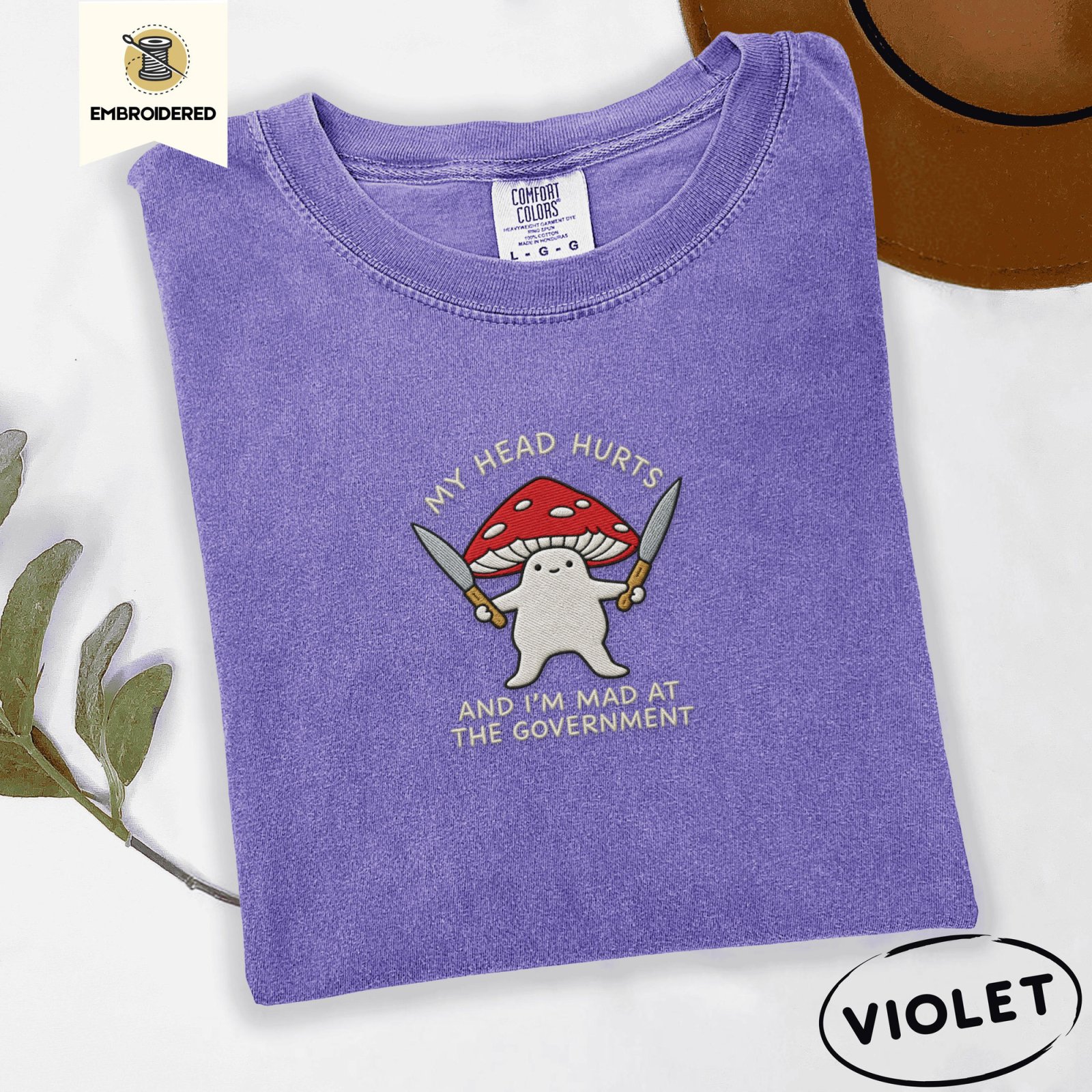Violet Mad Mushroom With Knives Embroidered T-Shirt