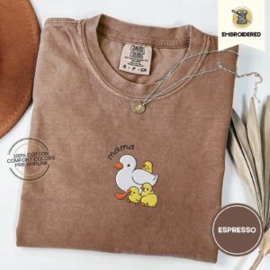 Espresso Mama Duck and Ducklings Embroidered T-Shirt