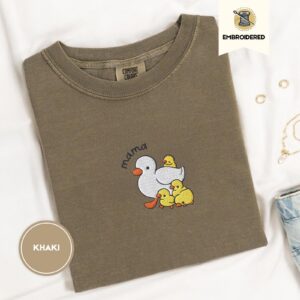 Khaki Mama Duck and Ducklings Embroidered T-Shirt