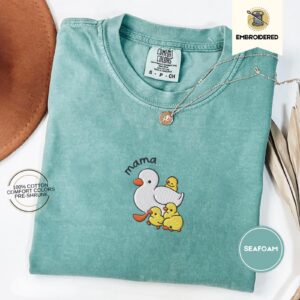 Seafoam Mama Duck and Ducklings Embroidered T-Shirt