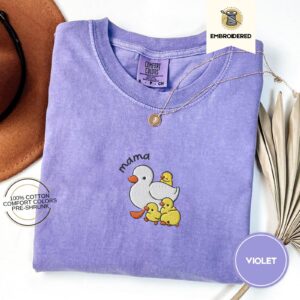 Violet Mama Duck and Ducklings Embroidered T-Shirt