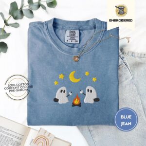 Blue Jean Marshmallow Roasting Ghosts Embroidered T-Shirt