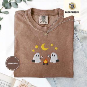 Espresso Marshmallow Roasting Ghosts Embroidered T-Shirt