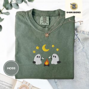 Moss Marshmallow Roasting Ghosts Embroidered T-Shirt