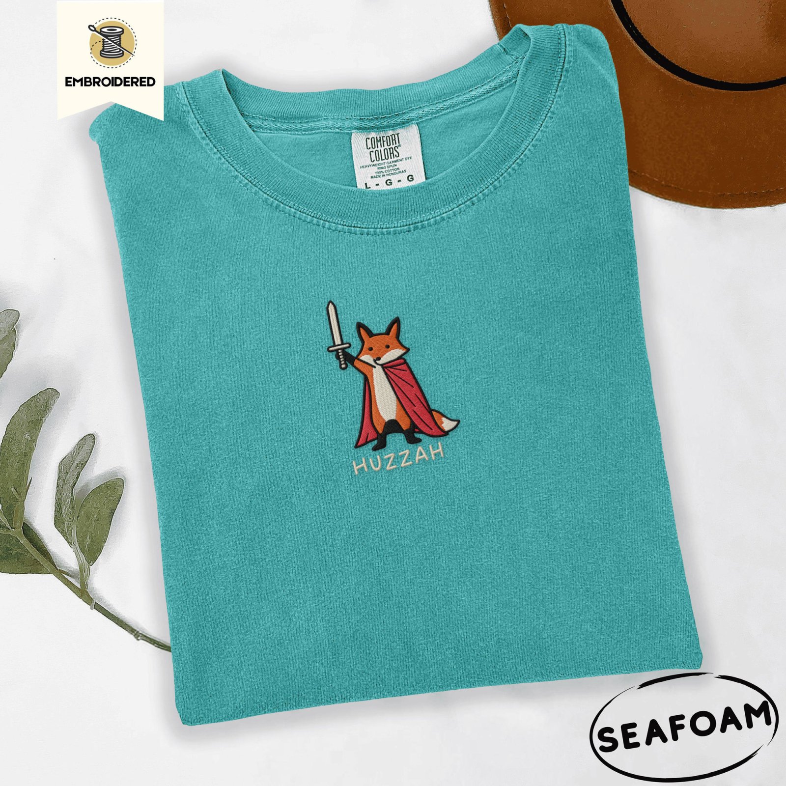 Seafoam Medieval Huzzah Fox Embroidered T-Shirt
