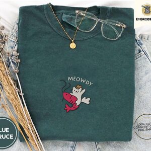 Blue Spruce Meowdy Cowboy Cat and Shrimp Embroidered T-Shirt