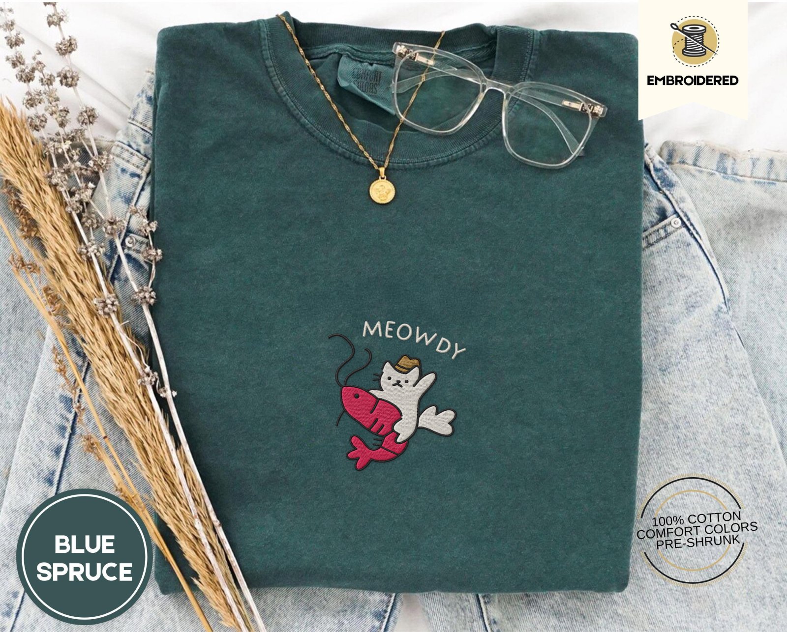 Blue Spruce Meowdy Cowboy Cat and Shrimp Embroidered T-Shirt
