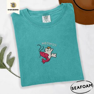 Seafoam Meowdy Cowboy Cat and Shrimp Embroidered T-Shirt