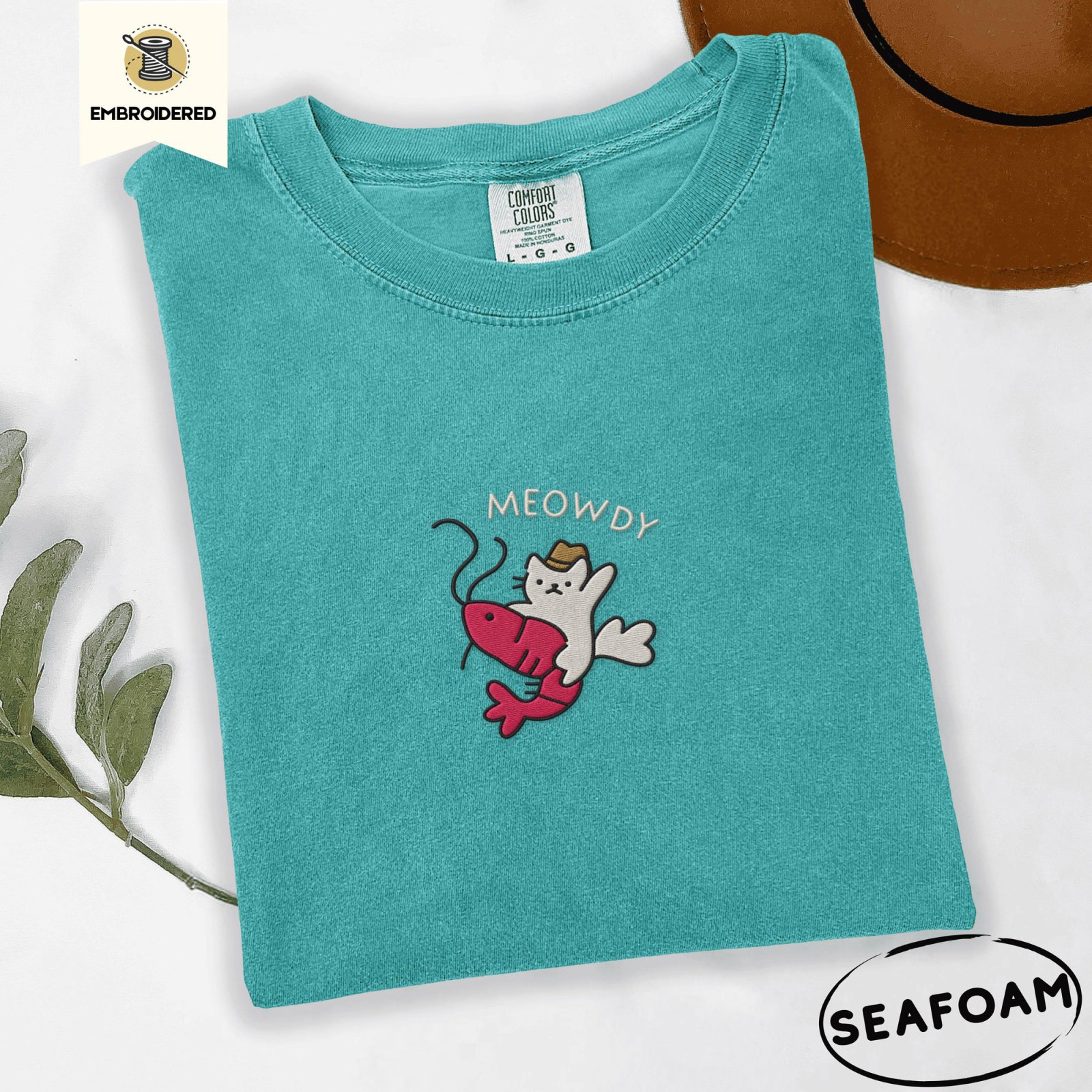 Seafoam Meowdy Cowboy Cat and Shrimp Embroidered T-Shirt