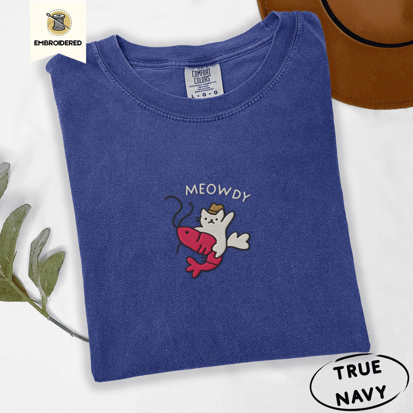 True Navy Meowdy Cowboy Cat and Shrimp Embroidered T-Shirt