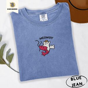 Blue Jean Meowdy Cowboy Cat Riding Shrimp Embroidered T-Shirt