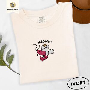 Ivory Meowdy Cowboy Cat Riding Shrimp Embroidered T-Shirt