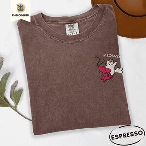 Espresso Meowdy White Cat Pink Shrimp Embroidered T-Shirt