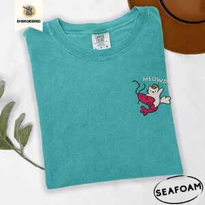 Seafoam Meowdy White Cat Pink Shrimp Embroidered T-Shirt