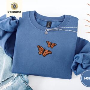 Indigo Blue Monarch Butterfly Duo Embroidered Sweatshirt
