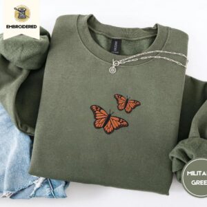 Military Green Monarch Butterfly Duo Embroidered Sweatshirt