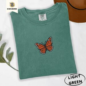 Light Green Monarch Butterfly Embroidered T-Shirt
