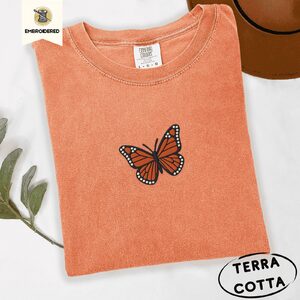 Terracotta Monarch Butterfly Embroidered T-Shirt