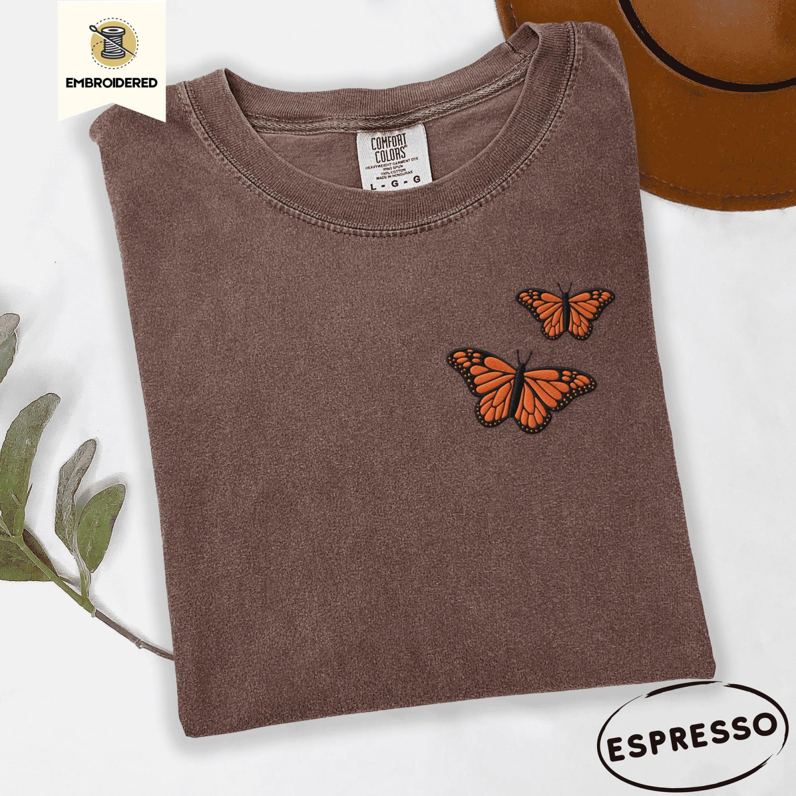 Espresso Monarch Butterfly Pair Embroidered T-Shirt