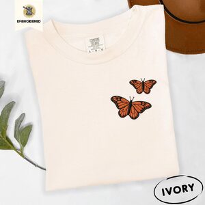 Ivory Monarch Butterfly Pair Embroidered T-Shirt
