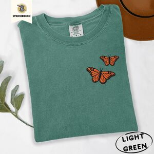 Light Green Monarch Butterfly Pair Embroidered T-Shirt