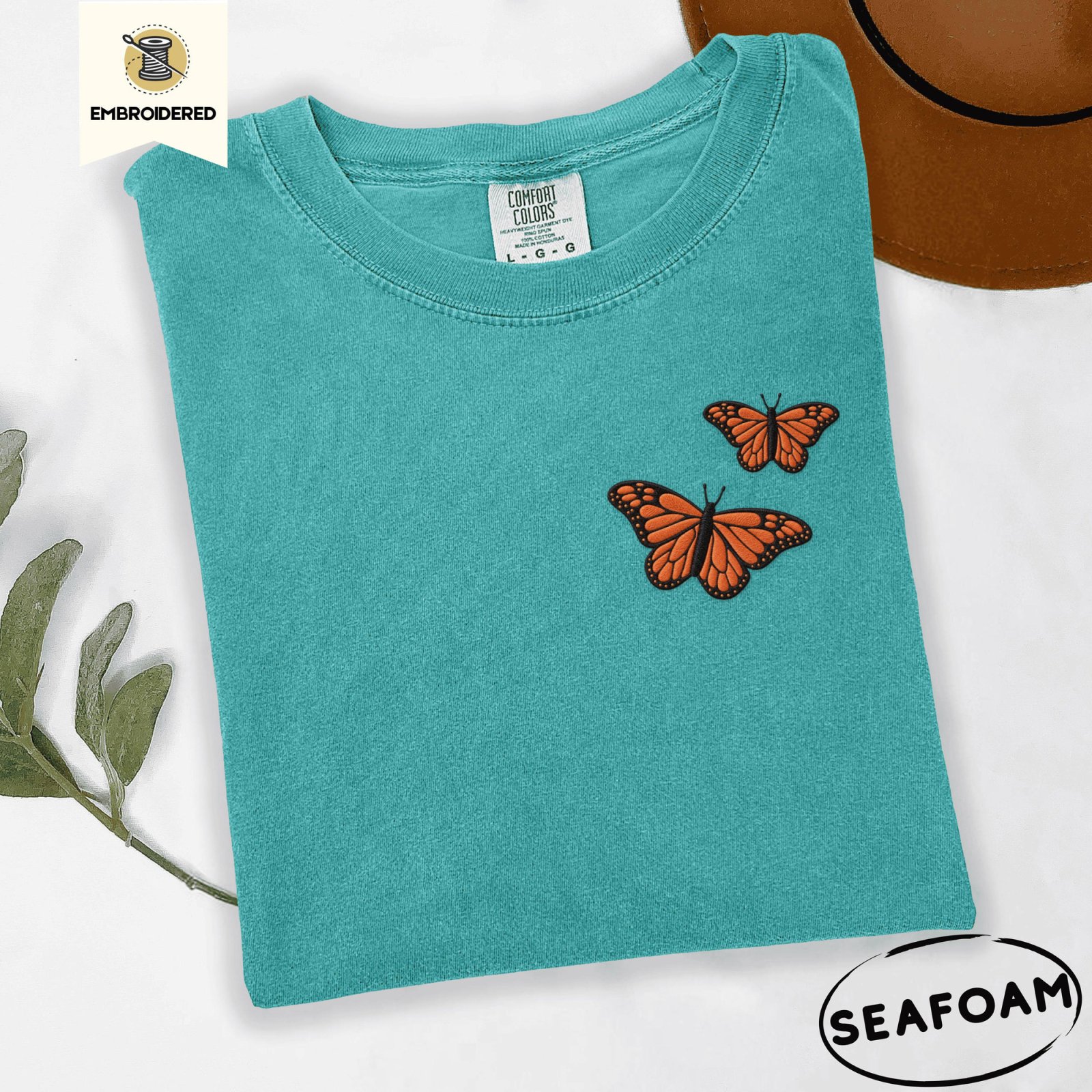 Seafoam Monarch Butterfly Pair Embroidered T-Shirt