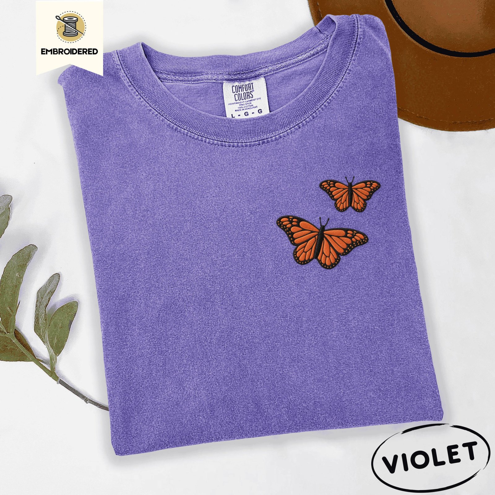 Violet Monarch Butterfly Pair Embroidered T-Shirt