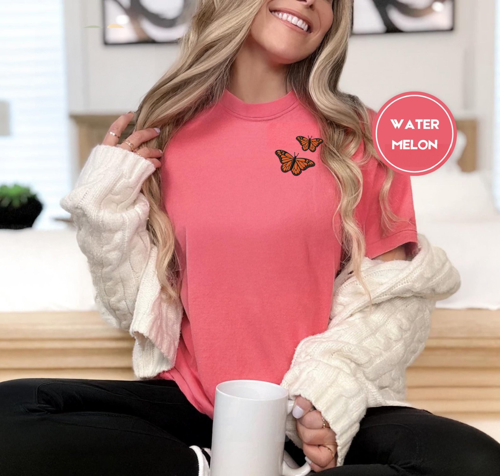 Person wearing a watermelon Monarch Butterfly Pair Embroidered T-Shirt