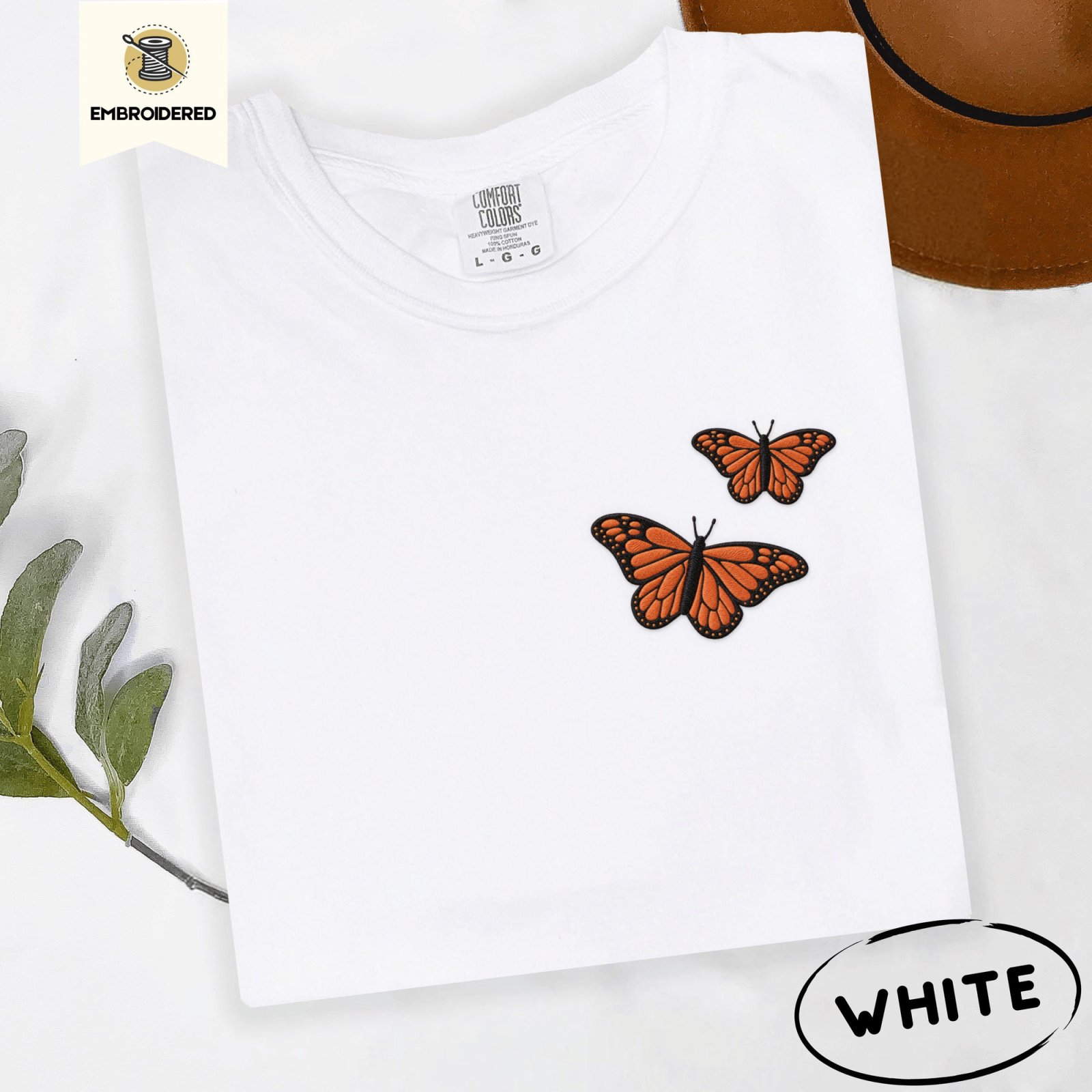 White Monarch Butterfly Pair Embroidered T-Shirt