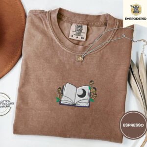 Espresso Moon and Mushroom Book Embroidered T-Shirt