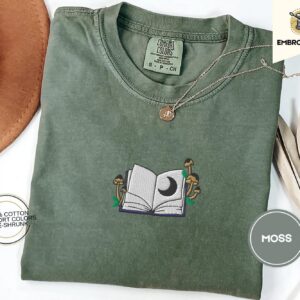 Moss Moon and Mushroom Book Embroidered T-Shirt
