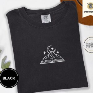 Black Moonlit Mountain Book Embroidered T-Shirt