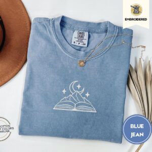 Blue Jean Moonlit Mountain Book Embroidered T-Shirt