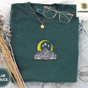 Blue Spruce Moonlit Mountains and Book Embroidered T-Shirt