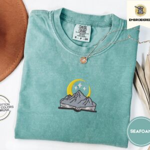 Seafoam Moonlit Mountains and Book Embroidered T-Shirt