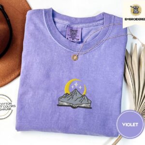 Violet Moonlit Mountains and Book Embroidered T-Shirt