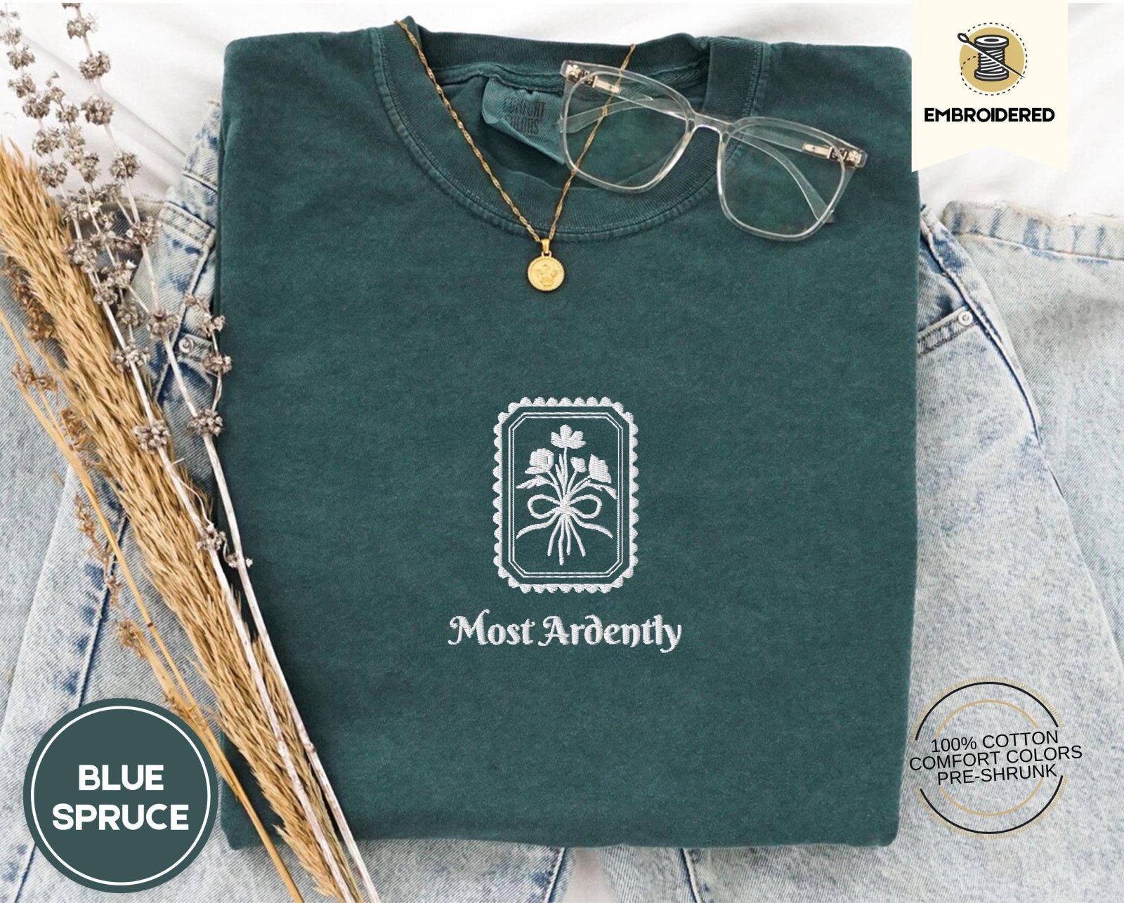 Blue Spruce Most Ardently Floral Embroidered T-Shirt