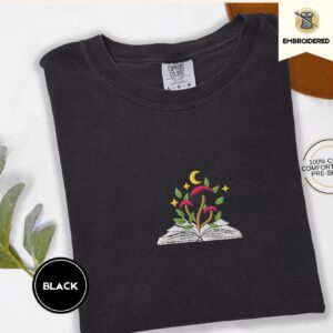 Black Mushroom and Moon Book Embroidered T-Shirt