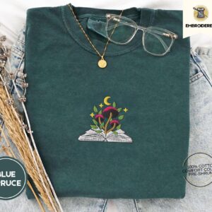Blue Spruce Mushroom and Moon Book Embroidered T-Shirt