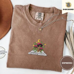 Espresso Mushroom and Moon Book Embroidered T-Shirt