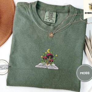 Moss Mushroom and Moon Book Embroidered T-Shirt