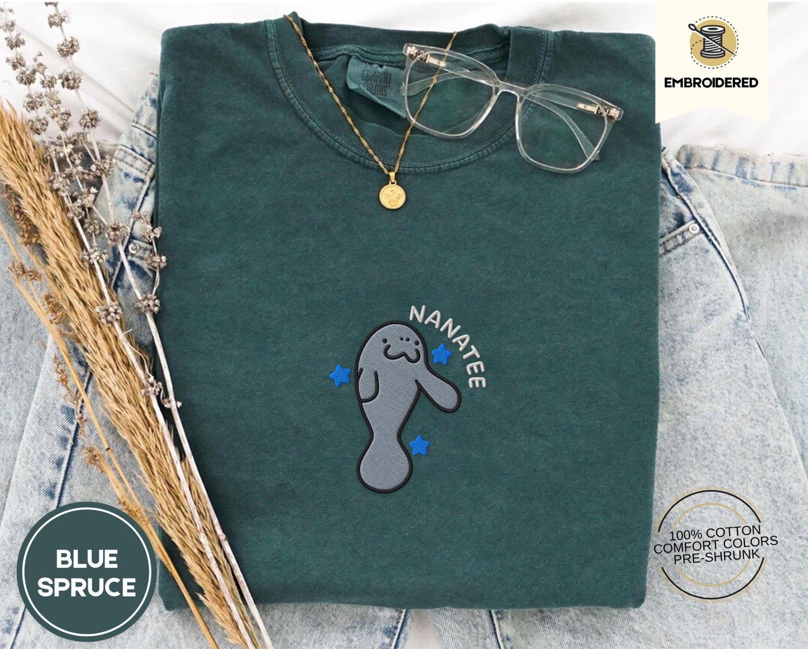 Blue Spruce Nanatee Manatee Embroidered T-Shirt