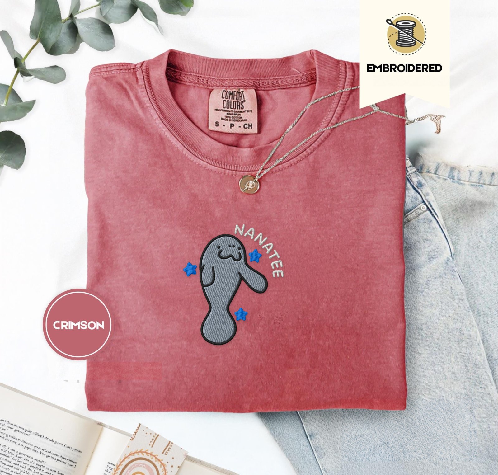 Crimson Nanatee Manatee Embroidered T-Shirt