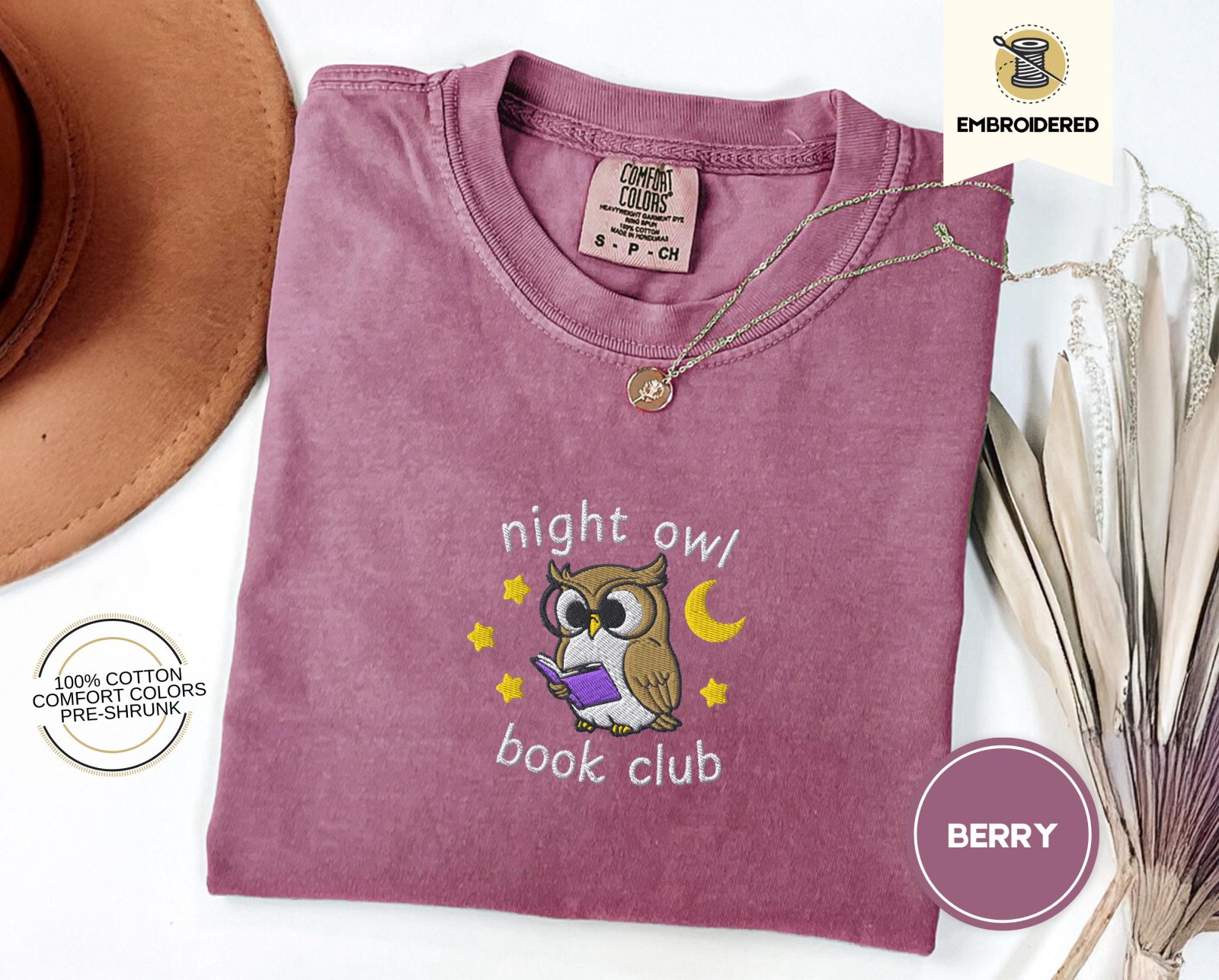 Berry Night Owl Book Club Embroidered T-Shirt
