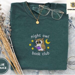 Blue Spruce Night Owl Book Club Embroidered T-Shirt