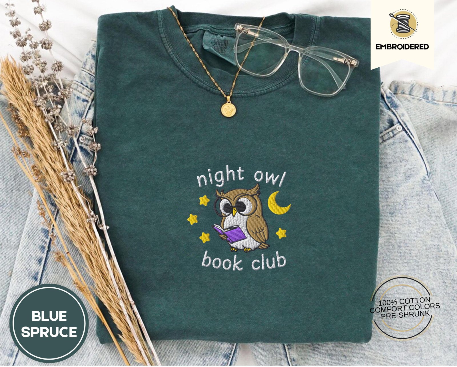 Blue Spruce Night Owl Book Club Embroidered T-Shirt