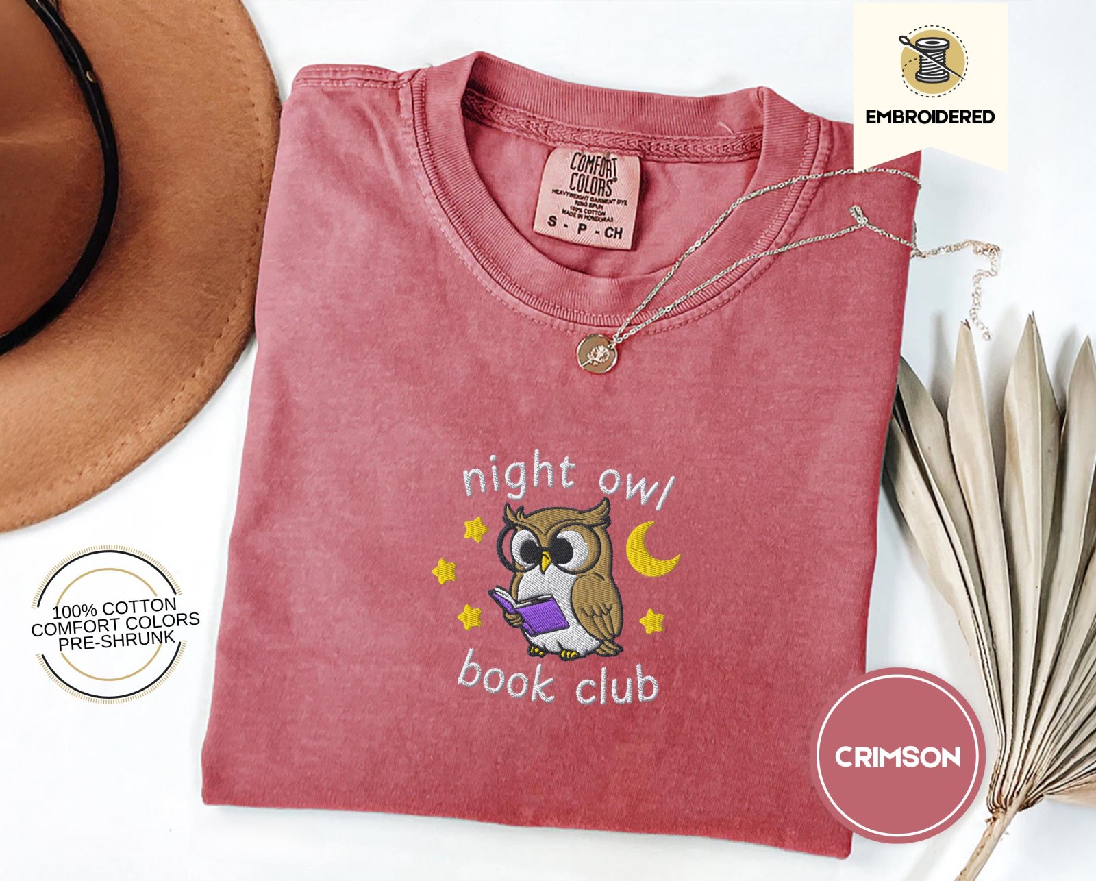 Crimson Night Owl Book Club Embroidered T-Shirt
