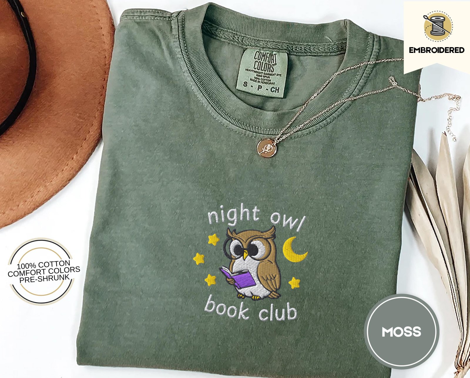 Moss Night Owl Book Club Embroidered T-Shirt
