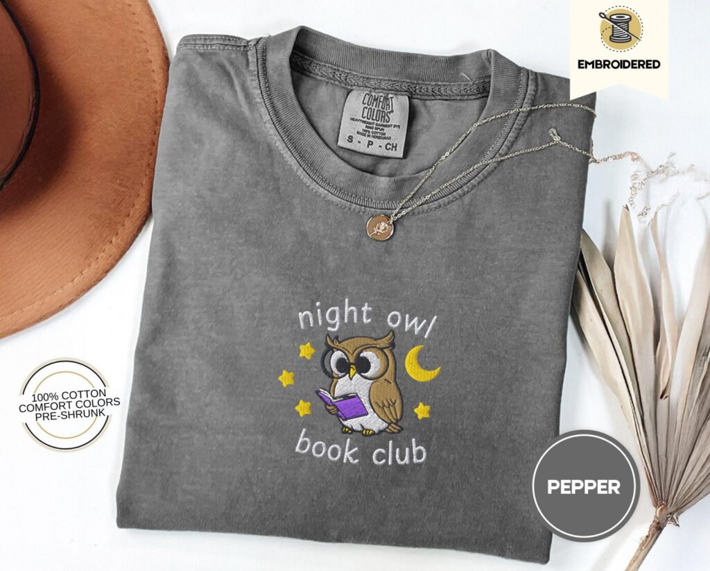 Pepper Night Owl Book Club Embroidered T-Shirt
