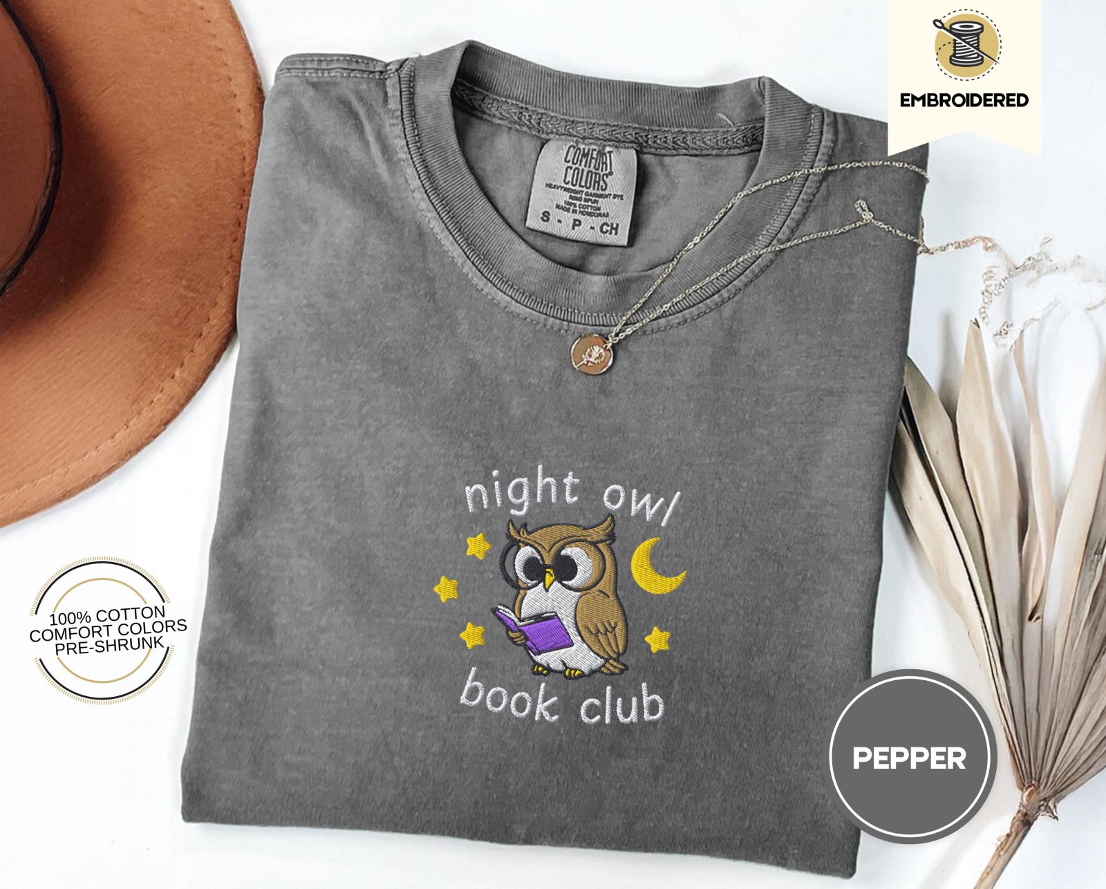 Pepper Night Owl Book Club Embroidered T-Shirt